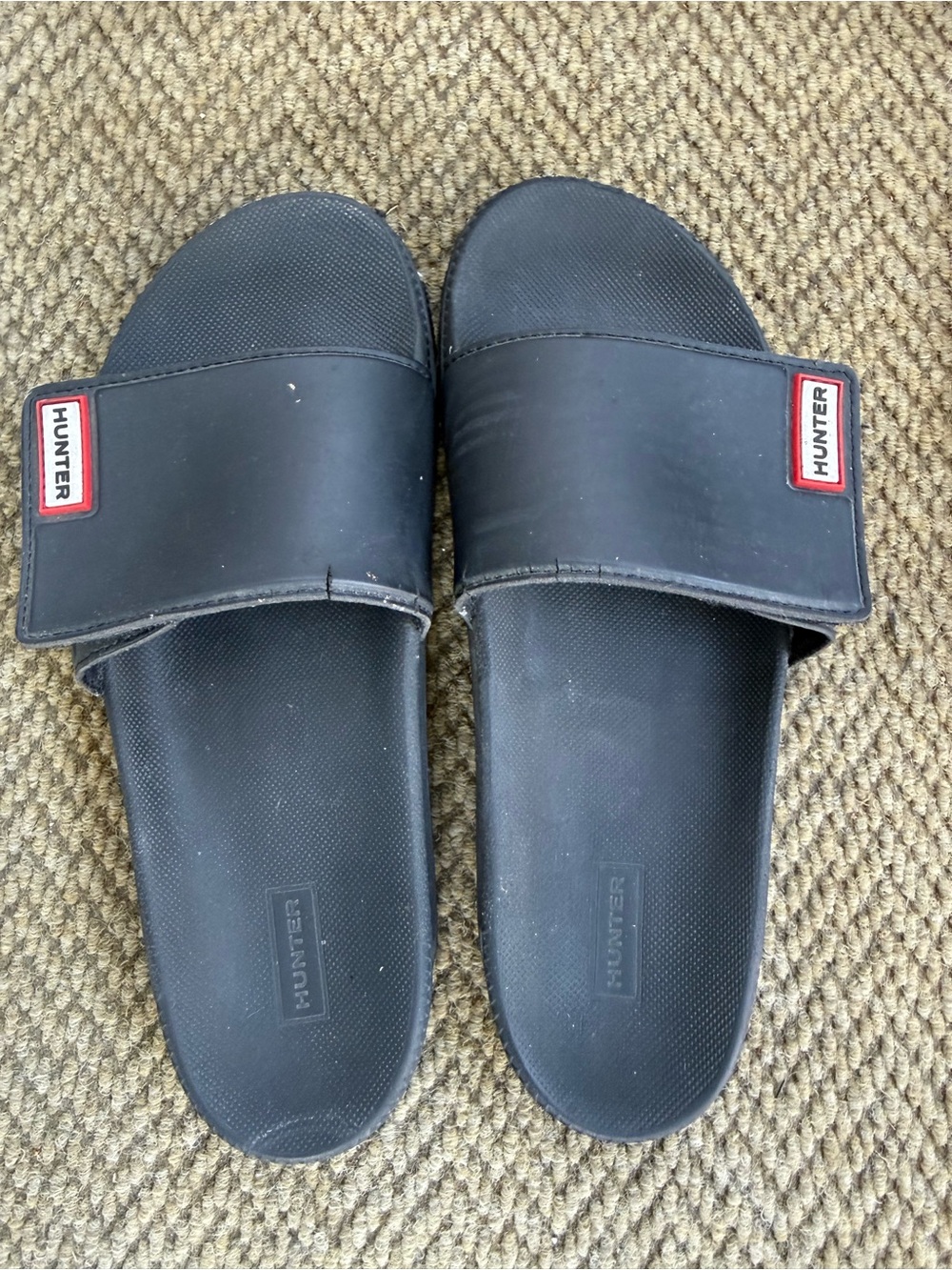 Hunter Black Slide Sandals with Red Logo Tabs